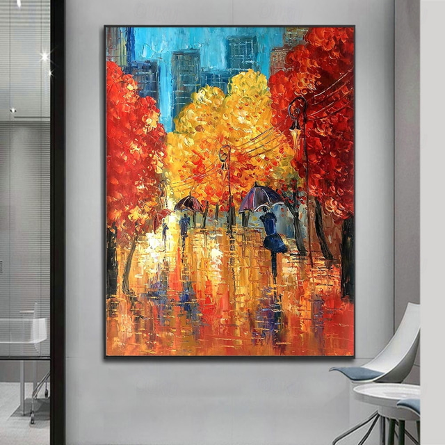 Handmade Oil Painting Canvas Wall Art Decoration Colorful Abstract Rain Street Landscape for Home Decor Rolled Frameless Unstretched Painting