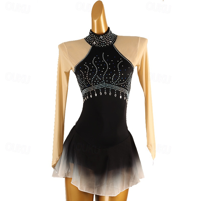  Figure Skating Dress Women's Girls' Ice Skating Dress Black Patchwork Open Back Mesh Spandex High Elasticity Training Practice Professional Skating Wear Classic Crystal / Rhinestone Long Sleeve Ice
