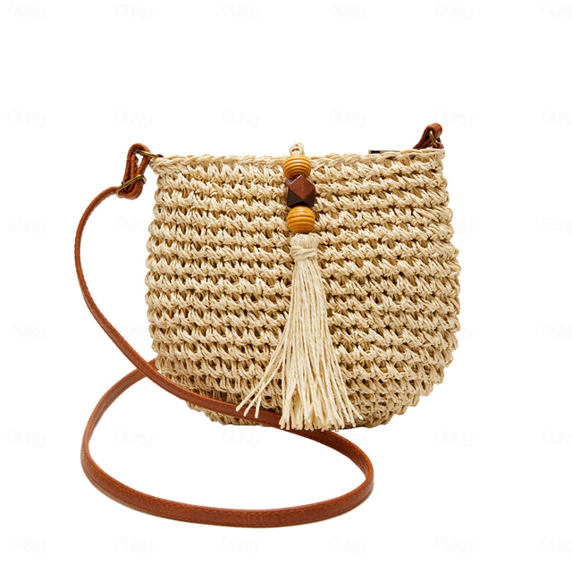  Women's Woven Straw Crossbody Bag – Boho Tassel Handbag with Bead Detail and Leather Strap for Summer Beach Trips and Casual Outings