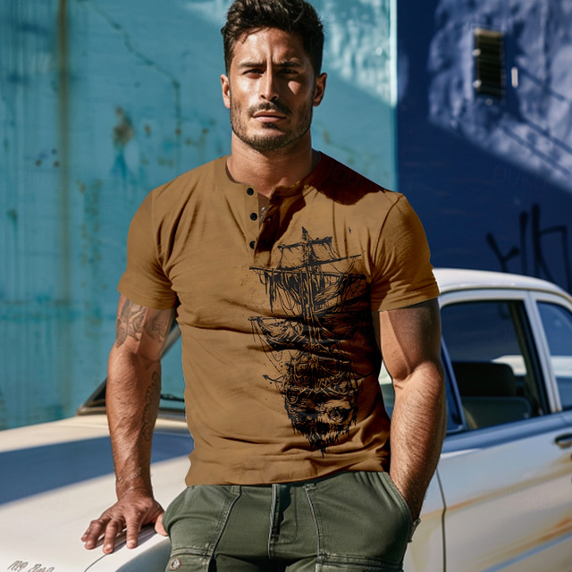  Homens Gráfico Navio Camiseta Camisa Henley Manga Curta Impressão 3D Designer Retro Vintage Rua Casual Diário Verão Primavera Marron Henley Camiseta Henley