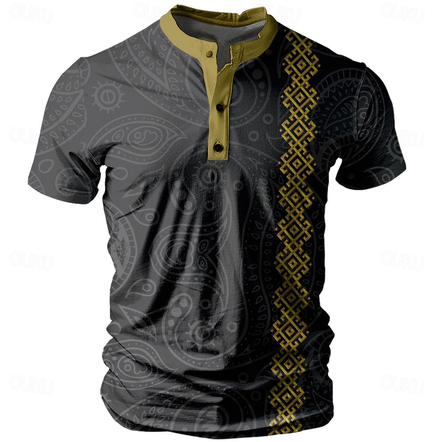 Herren Stammes Bandana-Druck T Shirt Henley Shirt Kurzarm 3D-Druck Designer Ethnisch Strasse Casual Täglich Sommer Frühling Schwarz Grau Henley Henley T-Shirt