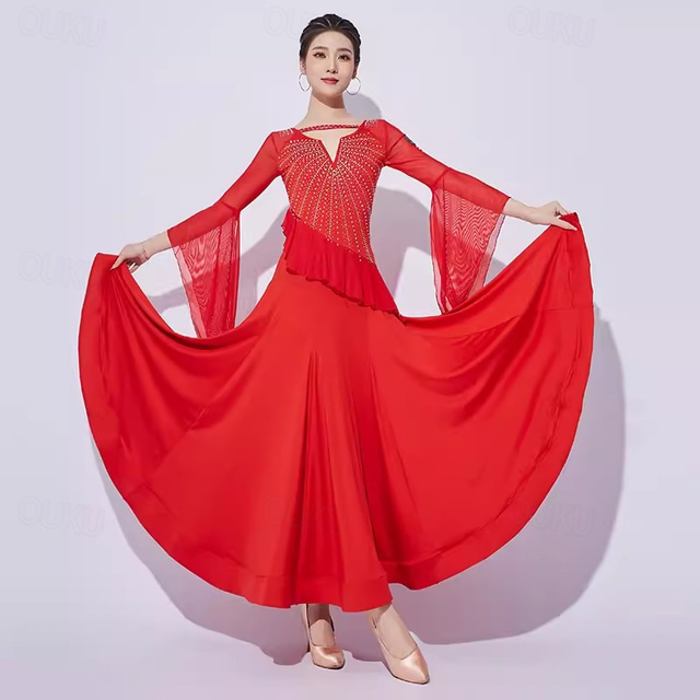  Ballroom Dance Dress Pure Color Splicing Crystals / Rhinestones Women's Performance Training Long Sleeve Mesh Milk Fiber