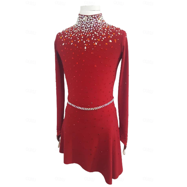  Figure Skating Dress Women's Girls' Ice Skating Dress Burgundy Patchwork Thumbhole Mesh Spandex Stretchy Training Practice Professional Skating Wear Thermal Warm Crystal / Rhinestone Long Sleeve Ice