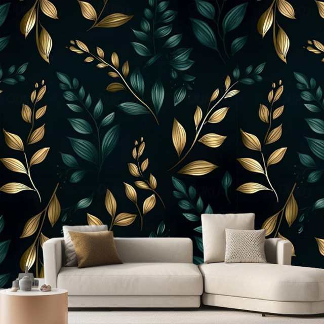  Cool Wallpapers Wall Mural Green Golden Leaves Wallpaper Wall Sticker Covering Print Adhesive Required Canvas Home Décor