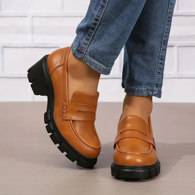  Women's Chunky Platform Loafers – Black Slip-On Round Toe Lug Sole Shoes for Casual & Office Wear