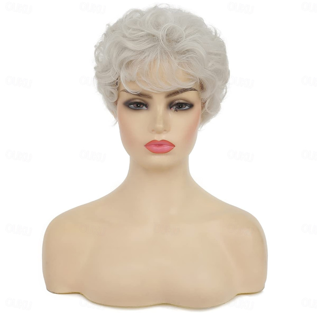  Short White Wigs for Women Synthetic Layered Curly Pixie Wig with Bangs Natural Looking Costume Hair Wig