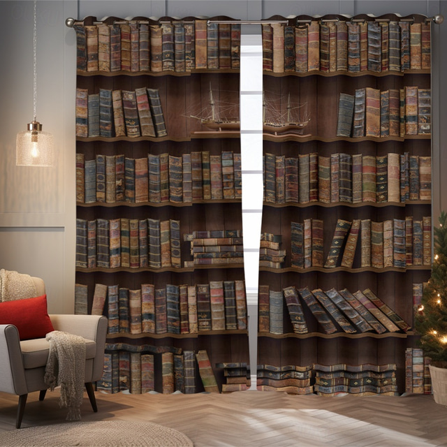  Vintage Bookshelf Blackout Curtains Door Insulation Outdoor Balcony Rest Living Room Home Decoration 2-piece Set of 3d Digital Printing Perforated