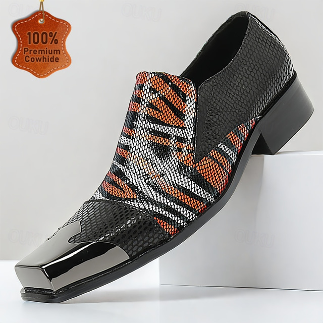  Men's Patent Leather Animal Print Loafers, Bold Red and Black Snake Skin Design with Gold Tip Square Toe, Perfect for Fashion-Forward Events and Parties