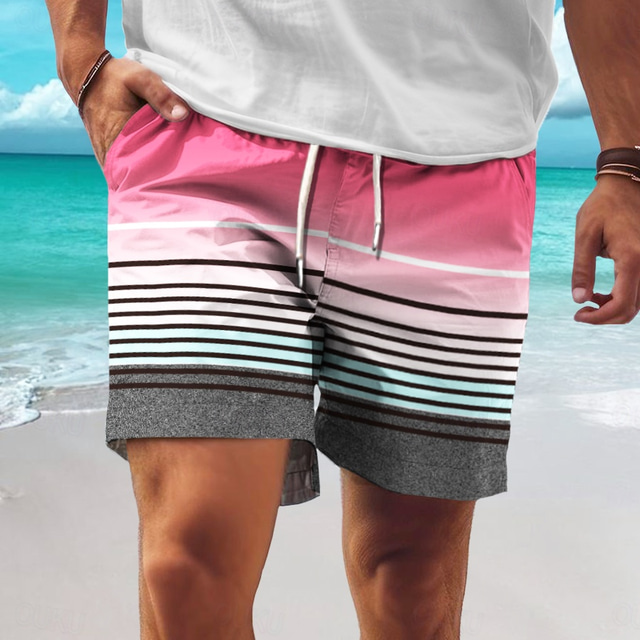  Men's Stripe Geometric Pattern Gradient Color Board Shorts Swim Shorts Swim Trunks Mid Waist Hawaiian Casual Holiday Beach Drawstring with Mesh lining Elastic Waist Designer Clothing Apparel