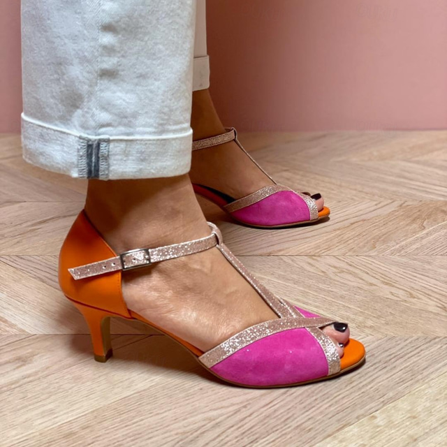  Women's Colorblock Faux leather Open Toe T-Strap Heels, Glitter Accent Sandals with Adjustable Strap for Casual and Evening Wear