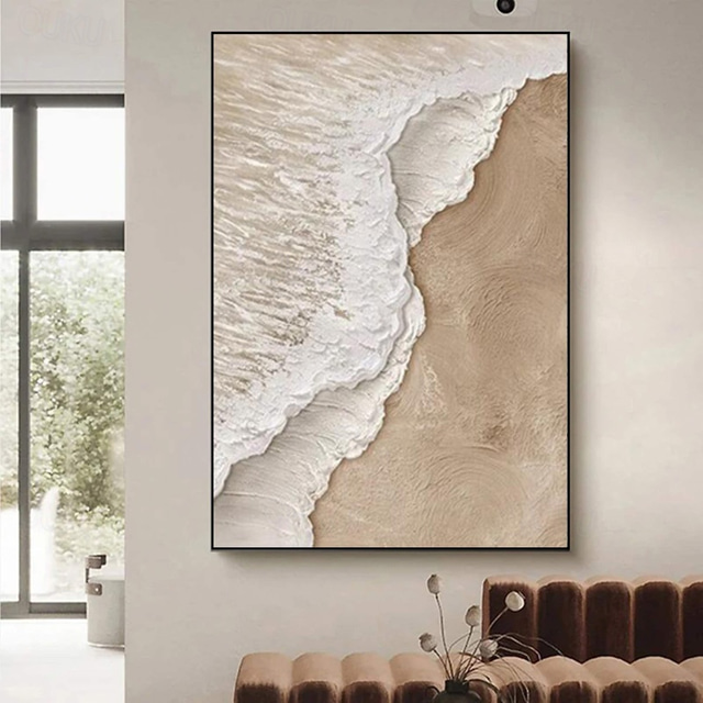  Handmade 3D Beige Minimalist Beach Painting Ocean Wave Painting on Canvas Ocean Abstract Art Textured Wall Art Wall Art Living Room Art Framed Ready To Hang