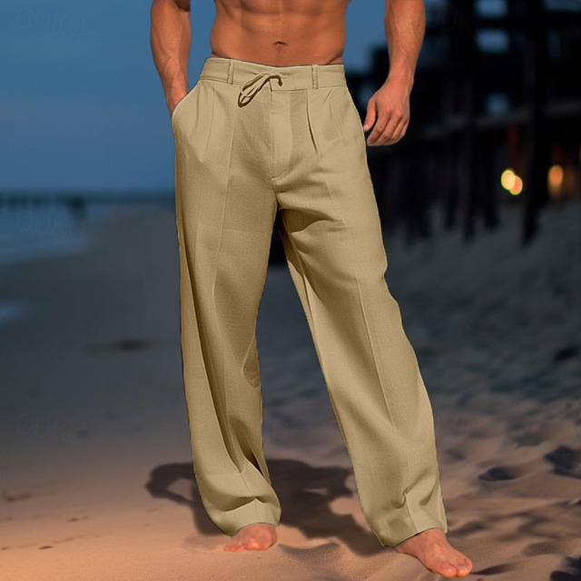  Homme Pantalon en lin Pantalon pantalon été Pantalon de plage Cordon Taille elastique Pli Plein Confort Respirable Casual du quotidien Vacances Mode Style classique Noir Blanche