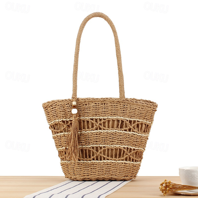  Women's Boho Chic Handwoven Straw Tote Bag with Tassel Detail - Perfect Beach and Market Companion