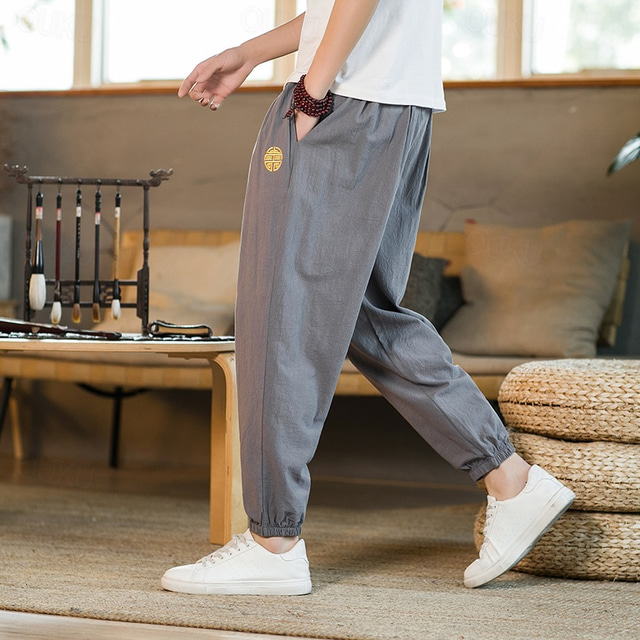  Men's Linen Pants Summer Pants Casual Pants Embroidered Solid Color Comfort Breathable Full Length Daily Casual Loose Fit Deep Blue Grey Inelastic