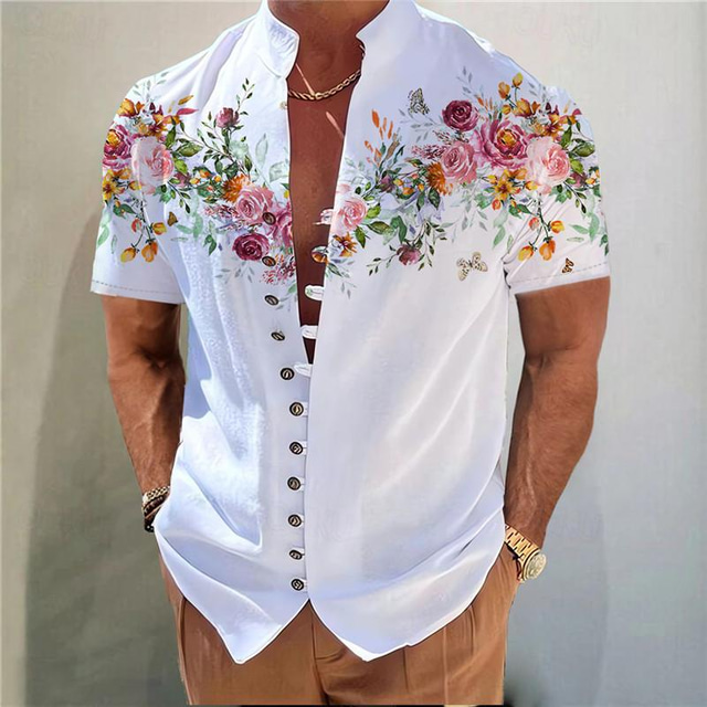  Herre Geometrisk mønster Geometri Graffiti Skjorte Skjorte med knapper Kortermet Mote Gatemote Designer utendørs Feriereise Daglig Sommer Vår Høy krage Trykt mønster Hvit+Rød Hvit&Blå Hvit Gul Rosa