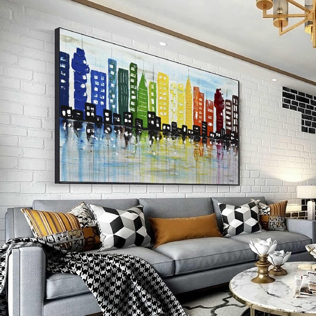  Abstract city Paitning hand painted on Canvas Textured New york city oil painting handmade Wall Art Colorful city Wall Decor Bright painting Large Modern Art PIanting for Hotel wall decoration