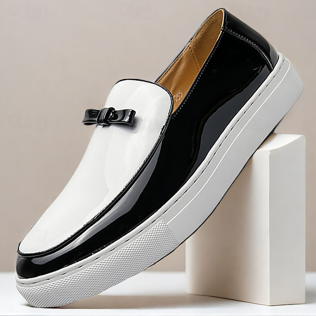  Men's Black and White Patent Faux Leather Loafers with Bow Detail – Stylish Slip-On Dress Shoes for Formal Events and Parties