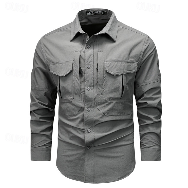  Herren Hemd Arbeitshemden Knopfhemd Cargo-Shirt Schwarz Kaki Armeegrün Grau Langarm Glatt Umlegekragen Urlaub Festtage Vordertasche Bekleidung Modisch Brautkleider schlicht Komfortabel