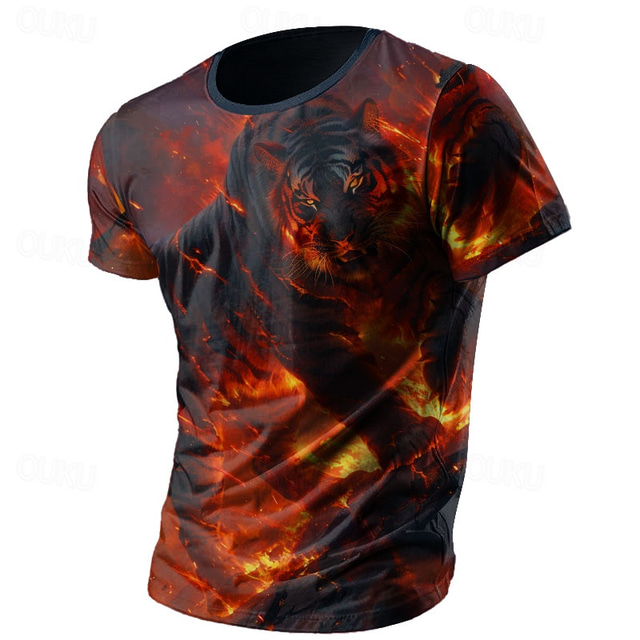  Herre Dyr Tiger Flamme Mars T skjorte Kortermet T skjorte 3D-utskrift Crew-hals Skjorte Mote Designer treningsklær Gate Sport & Utendørs Svart 1 Sort 2 Sommer Vår Klær S M L XL XXL XXXL