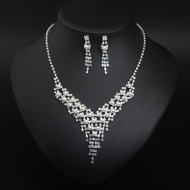  Jewelry Set 3pcs Imitation Pearl Rhinestone Earrings Necklace Women's Elegant Vintage Fashion Geometrical Geometric Jewelry Set For Wedding Party Anniversary