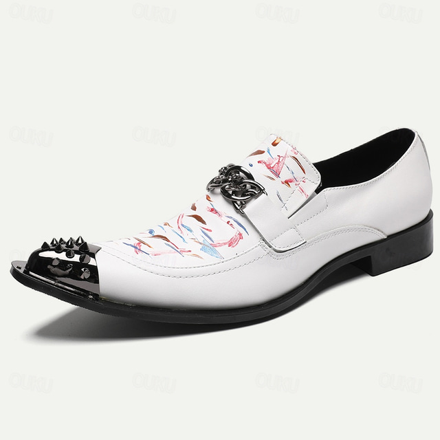  Men's Premium Cowhide Leather Punk Style Loafers - Artistic Print Slip-On Shoes with Decorative Buckle and Spiked Metal Toe Cap