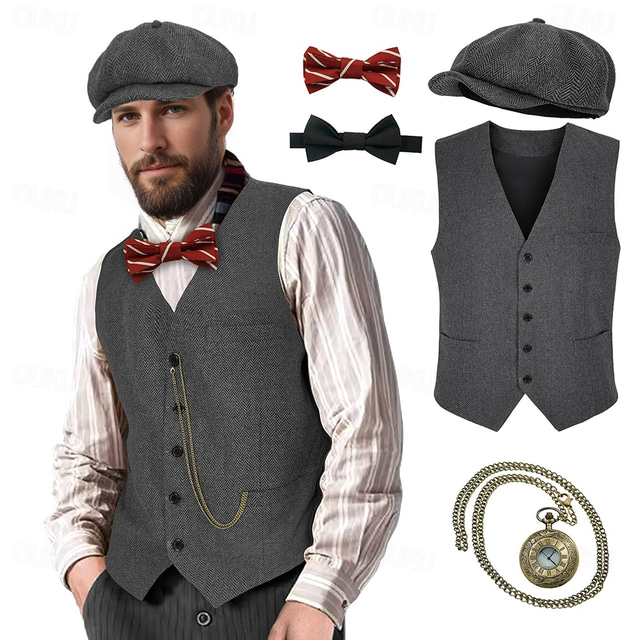  Retro Vintage Roaring 20s 1920s Outfits Waistcoat Gentleman Gangster Men's Halloween Carnival New Year Carnival Party / Evening Masquerade Adults' Cravat Vest Hat All Seasons