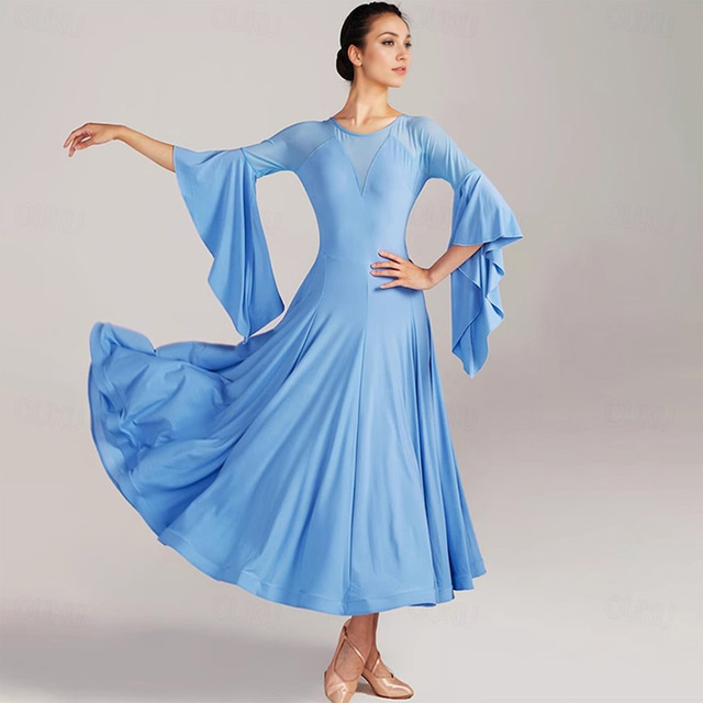  Ballroom Dance Dress Pure Color Splicing Women's Performance Party 3/4 Length Sleeve Crystal Cotton