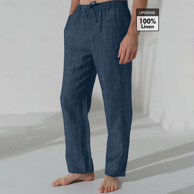  Pantalones de lino 100 % para hombre, pantalones casuales, cordón, cintura elástica, pierna recta, lisos, cómodos, transpirables, casuales, para uso diario, vacaciones, moda, estilo clásico, azul marino azul