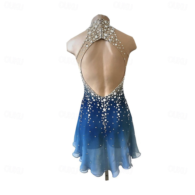 Figure Skating Tights Girls' Figure Skating Dress - Dark Blue Backless Rhinestone Costume For Competition & Performance Backless Dress Figure Skating Tights Girls' Figure Skating Dress - Dark Blue Backless Rhinestone Costume For Competition & Performance Backless Dress