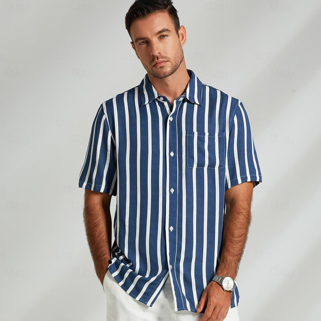  Homens Camisa Social Camisa casual camisa de praia camisa de botão Azul Azul Claro Manga Curta Listrado Aberto para a Lateral Colarinho de Camisa Festa Casual Botões Roupa Diário Casual Diário