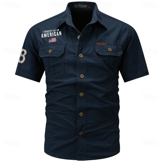  Homens Bandeira American US Flag Com letras estampadas Camisas de trabalho camisa ocidental Camisa de carga Manga Curta Casual Tático Para Noite Verão Aberto para a Lateral Botões Imprimir Preto