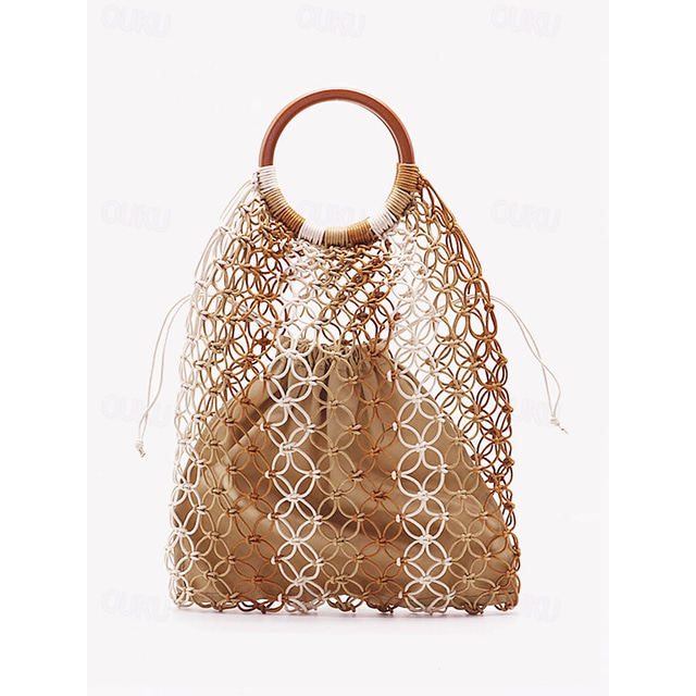  Women's Handbag Wristlet Straw Bag Cotton Holiday Beach Travel Large Capacity Color Block Woven Camel