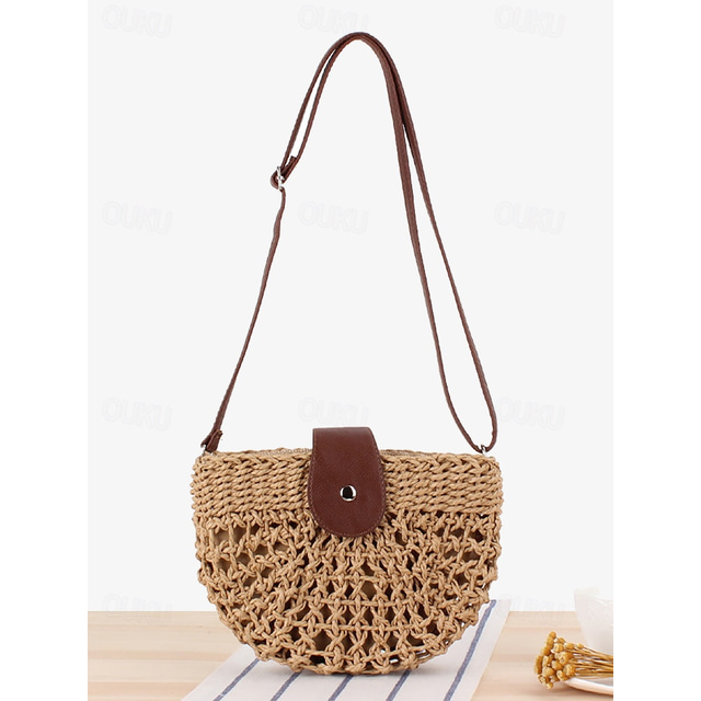  Handwoven Straw Crossbody Bag with Leather Closure - Casual Summer Beach Accessory for Women