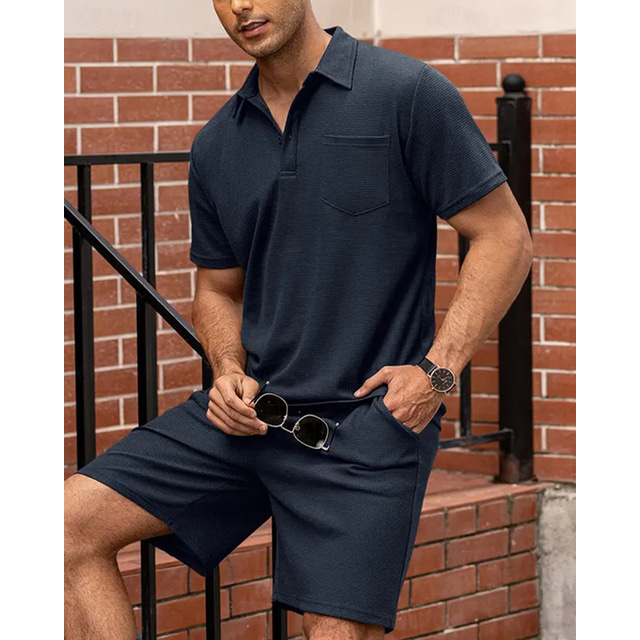  Homens Camisa de golfe pólo de golfe Trabalho Casual Lapela Manga Curta Básico Moderno Tecido Botão 2 Peças Primavera Verão Normal Preto Branco Azul Marinho Verde Tropa Camisa de golfe