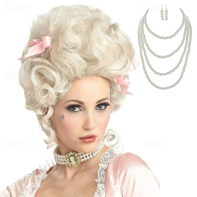  Blonde Wigs for Women Cosplay Wig Curly Marie Antoinette Layered Haircut Wig Medium Length Platinum Blonde Synthetic Hair 14 Inch Women Halloween Wig With 2pcs Earrings Pearl Necklace Choker