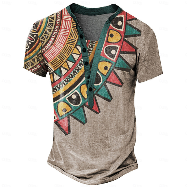  Voor heren Grafisch Tribal Henley-shirt Korte mouw 3D-afdrukken Modieus Ontwerper Basic Dagelijks Zomer Koningsblauw Licht Bruin Khaki Opstaand Henley-T-shirt
