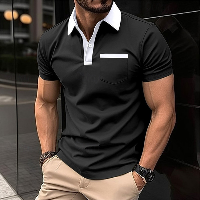  Men's Golf Shirt Golf Polo Work Casual Lapel Short Sleeve Basic Modern Color Block Patchwork Button Spring & Summer Regular Fit Black White Yellow Navy Blue Gray Golf Shirt