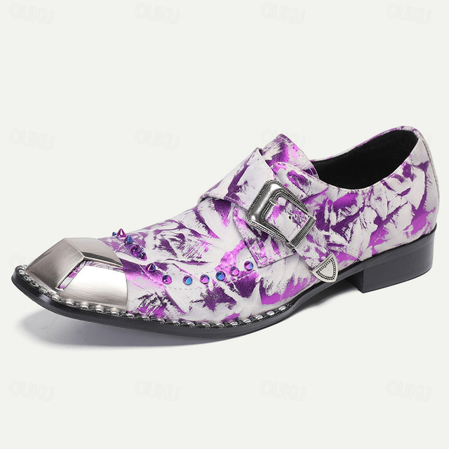  Men's Premium Cowhide Leather Punk Style Shoes - Purple Pattern Slip-On with Buckle and Metal Toe Cap