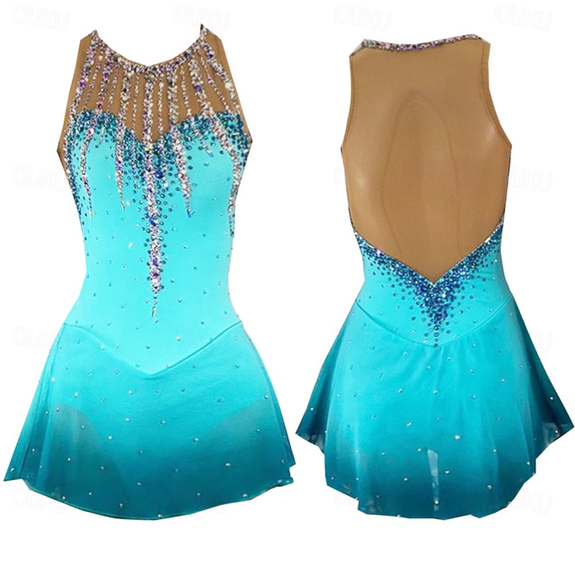  Rochie de Patinaj Artistic Pentru femei Fete Πατινάζ στο πάγο Rochii Albastru Mâneci cu Gaura Vopsirea Halo Înaltă Elasticitate Profesional Competiție Ținută Patinaj Termic cald Cristale / Strasuri