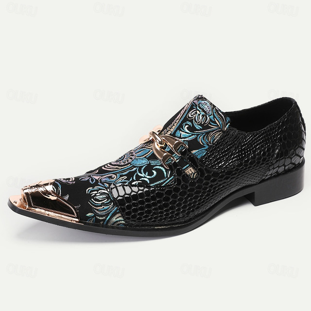  Men's Premium Cowhide Leather Punk Style Loafers - Floral Embroidered Slip-On Shoes with Metal Toe Cap and Buckle