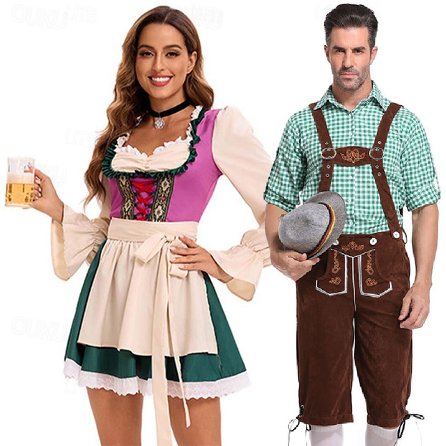  Couples Oktoberfest Beer Costume Dirndl Dress Trachtenkleider Lederhosen Oktoberfest Couple German Munich Wiesn Men's Women's Traditional Style Cloth Halloween Carnival