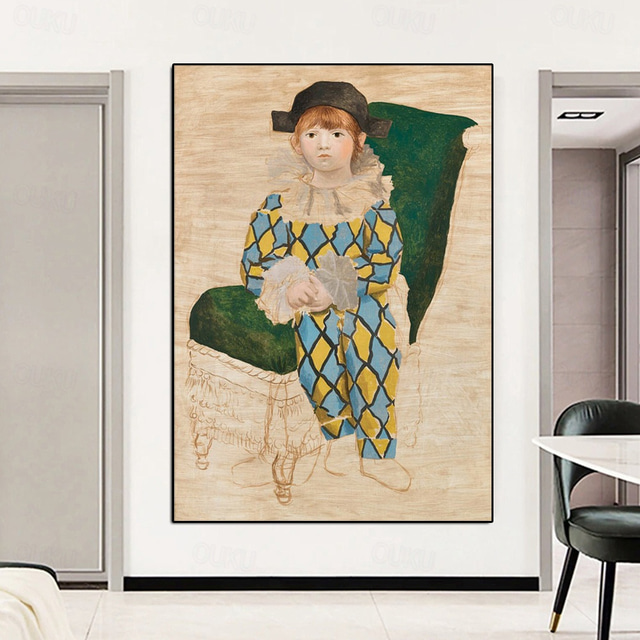  Handmade Pablo Picasso Oil Painting Hand Painted Vertical Abstract People Classic Modern Pablo Picasso FRAME Paul dressed as Harlequin 1924  oil painting