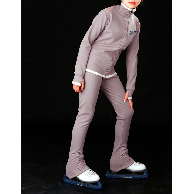  Figure Skating Fleece Jacket Figure Skating Pants Figure Skating Jacket with Pants Women's Girls' Ice Skating Jacket Tights Outfits Black Dusty Rose Light Purple Patchwork Thumbhole Spandex Stretchy