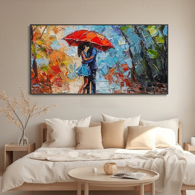  Couple Walking In The Rain Oil Painting hand painted Red Umbrella Woman City Street Scene oil painting Wedding Anniversary Gift Romantic Lover oil painting  Minimalist Decortion