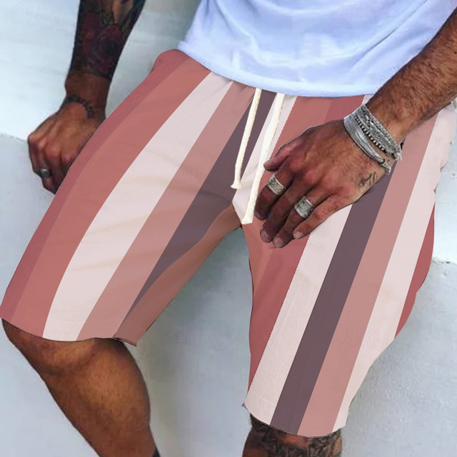  Men's Summer Shorts Beach Shorts Pocket Drawstring Elastic Waist Stripe Comfort Breathable Knee Length Holiday Vacation Beach Hawaiian Boho Red Navy Blue