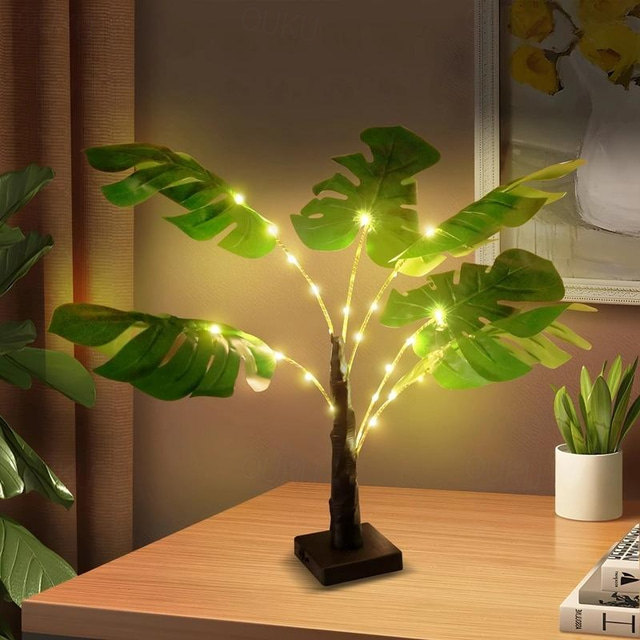  lampe de bureau en feuille de palmier tropical, USB  & alimenté par batterie pour la chambre  & extérieur, commande par bouton-poussoir, décoration de fête hawaïenne - piles non incluses