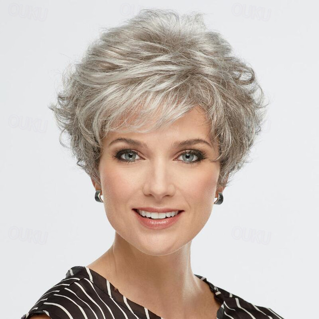  Women's Fashion Wig Sliver Synthetic Hair Short Wigs Curly Wig Fluffy Natural Synthetic Wigs for Daily Party Use