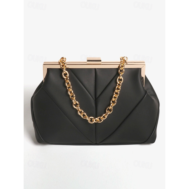  Elegant Women's Black Leather Clutch with Geometric Design and Gold Chain - Perfect for Evening and Formal Events