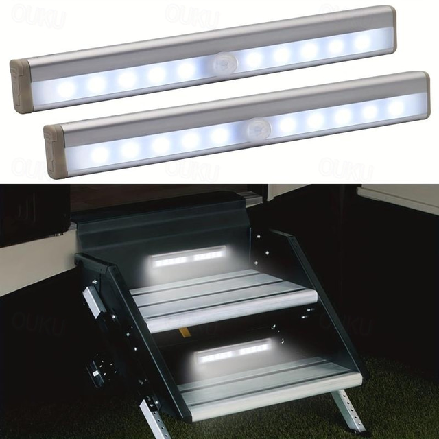  Lot de 2 lumières de marche activées par le mouvement pour camping-car, 10 LED à piles avec détecteur de mouvement, barre lumineuse magnétique pour l'intérieur et l'extérieur pour les voyages en camping-car, remorques, camping-cars
