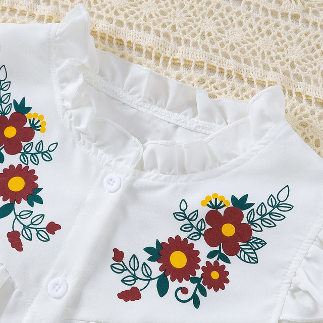  2 Piese Copii Fete Floral Crewneck Costume de rochie A stabilit Fără manșon Modă Școală 7-13 ani Vară Alb